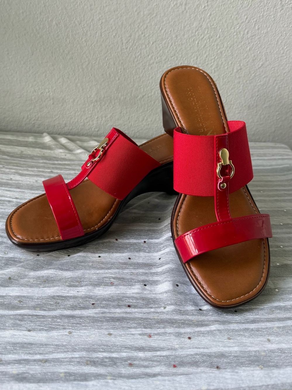 Italian Shoemakers Red Patent & Fabric Slide Mules with Gold Accent